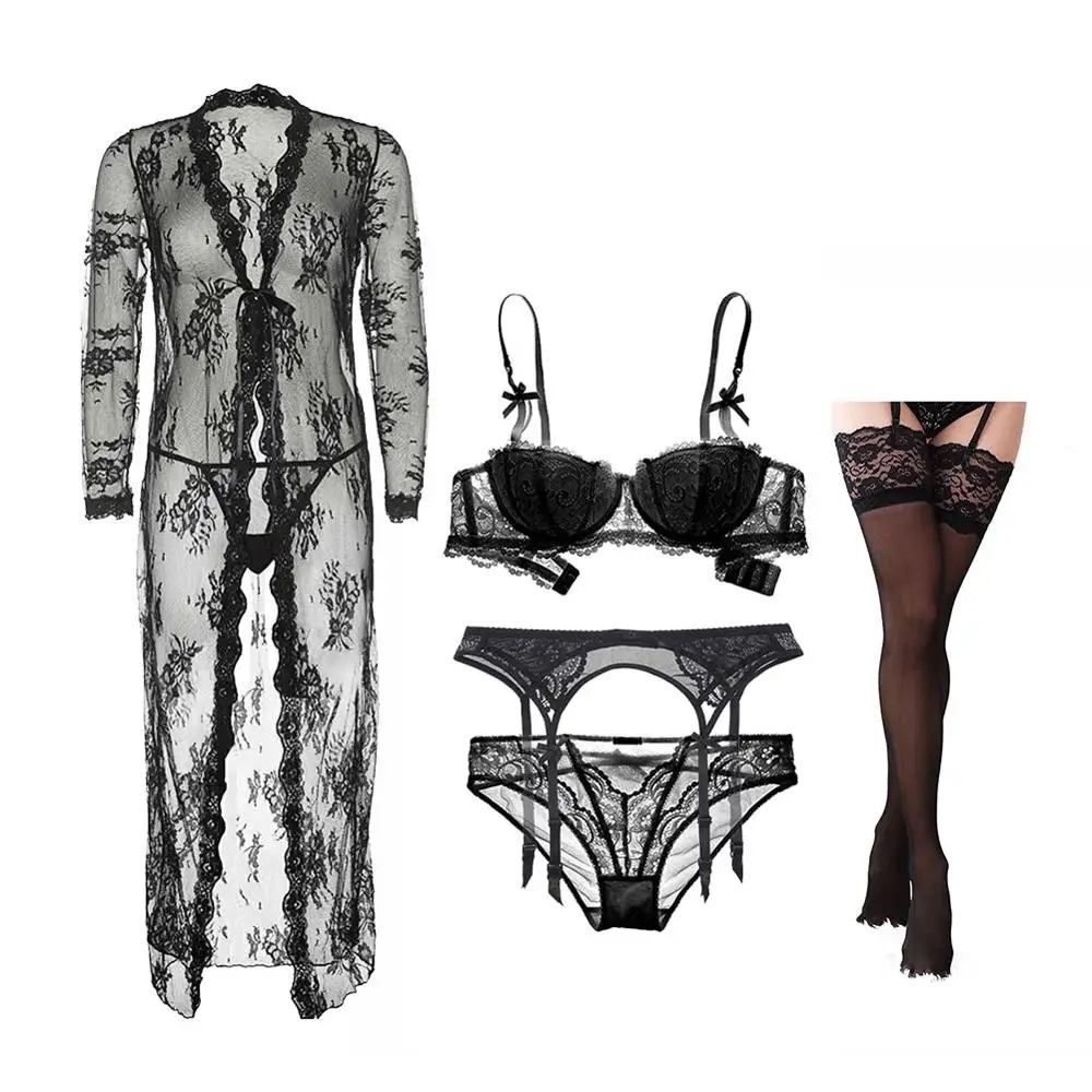 Sexy Lace Underwear Set Robe+Bra+ Panties+ Stockings +Thong 6 Piece Set For Lady