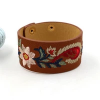 fashion women embroidery paisley floral bracelets jewelry fashion roses stumpwork pu leather bangle adjustable
