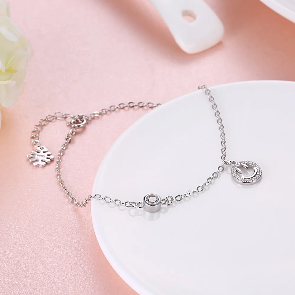 S925 Sterling Silver DIY Smile face Pandent Geometric Round Inlaid Meteorite Chain Charm Bracelet Gift For Women Couple | Украшения и