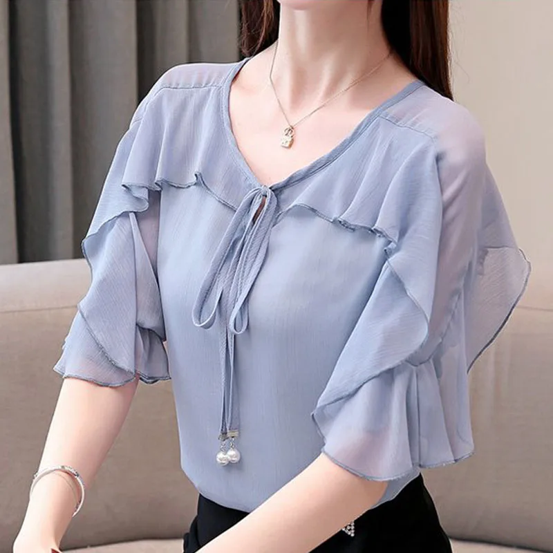 2019 женские Топы Блуза из шифона со сборками летняя футболка с короткими рукавами
