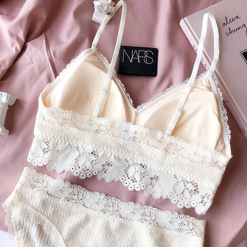 Тонкий сексуальный кружевной комплект с бюстгальтером с мягкими трусиками без косточек, комплекты бесшовного дышащего хлопкового белья для женщин, одежда для сна