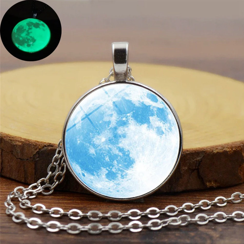Glow In The Dark Glass Cabochon Pendant All-Match Moon Plated Sweater Chain Necklace Dream Starry Luminous Planet | Украшения и