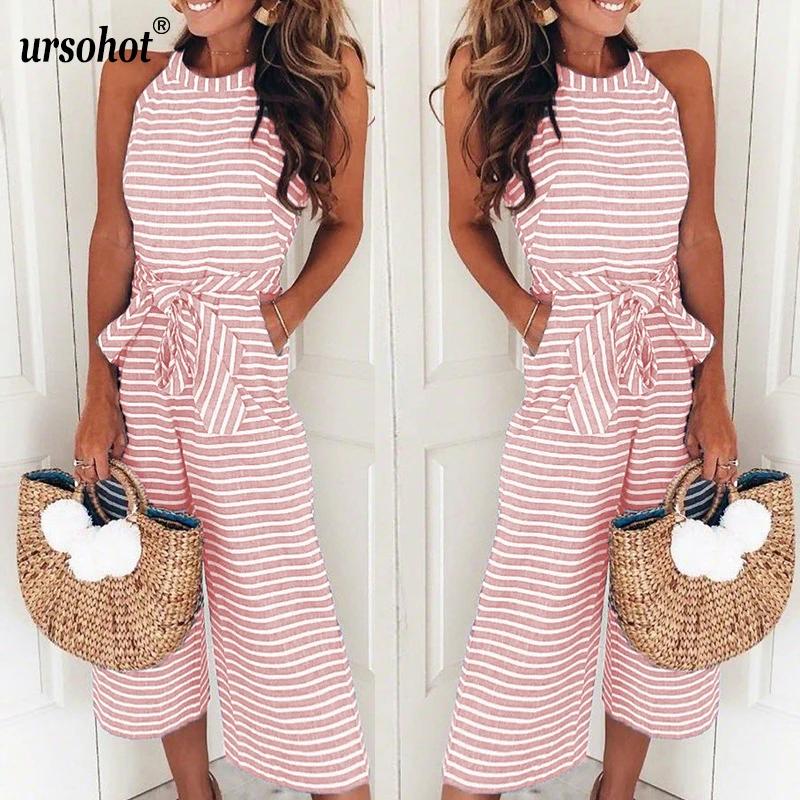 Ursohot Fashion Slim Striped Jumpsuit Female Halter Bandage With Belt Loose Sleeveless Rompers O Neck Overalls For Women 2018 | Женская
