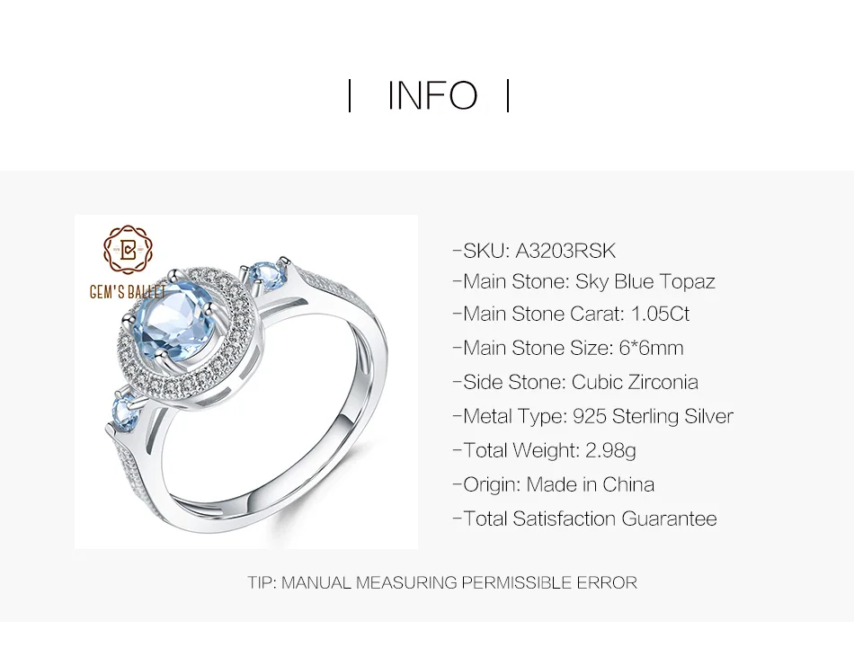 GEM'S BALLET 925 пробы серебряные обручальные кольца для женщин 1.05Ct натуральный круглый Небесно голубой топаз драгоценный камень кольцо хорошее ювелирное изделие