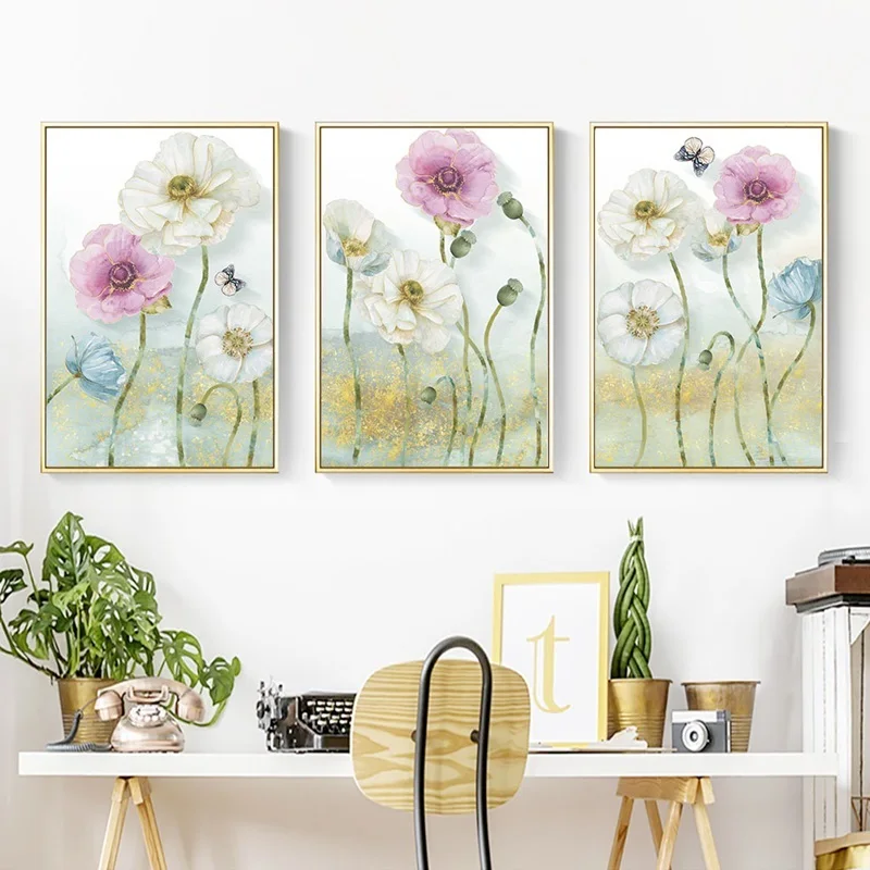 Скандинавские плакаты и принты белый розовый синий Маковый цветок Картина на