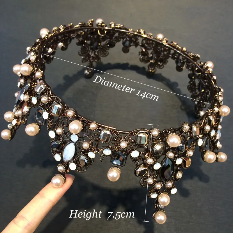Vintage Baroque Large Tiara Bridal Crown Imitation Pearls Royal Diadems Full Round European Wedding Tiaras Bronze Black Crowns | Украшения