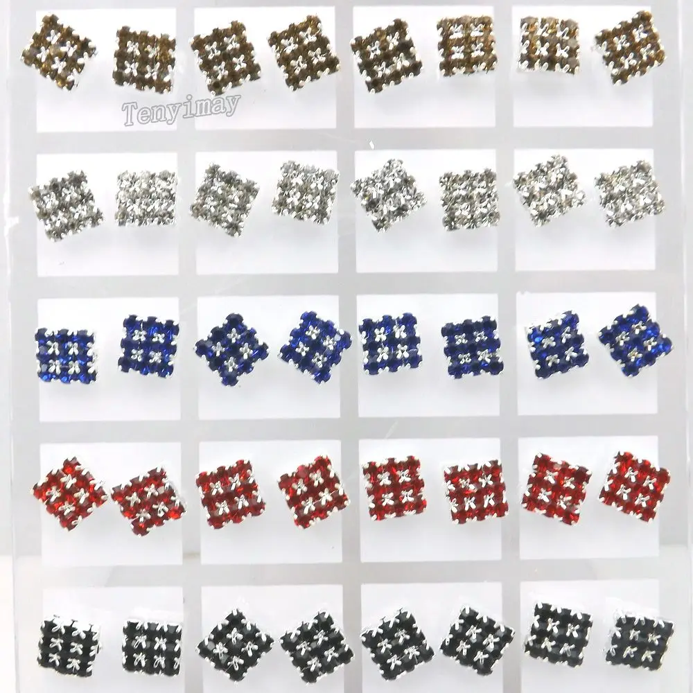 7,5 мм винтажные посеребренные квадратные серьги-гвоздики с 9 фианитами оптовая продажа 36 пар/лот смешанные цвета