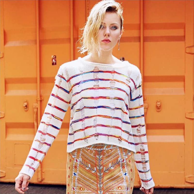 Biutefou осень 2017 г. новый в радужную полоску полые Тонкий свитер с длинным рукавом