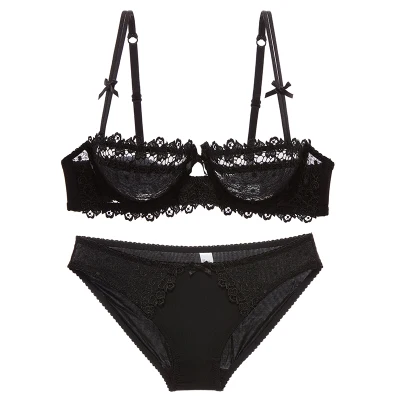Нижнее белье, комплект нижнего белья, ультратонкие сексуальные кружевные прозрачные женские комплекты бюстгальтеров с вышивкой и трусиков размера плюс - Цвет: Black