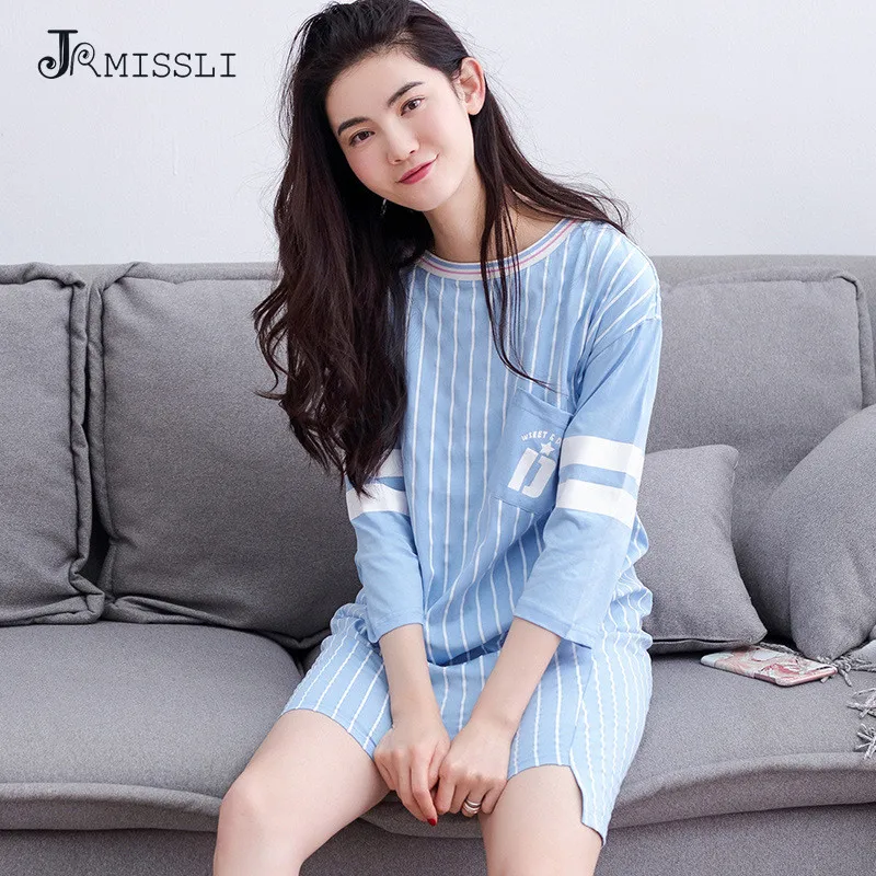 JRMISSLI 2017 Мода Корейский Стиль Лето Три Четверти Синий Полосатый Ночные Сорочки
