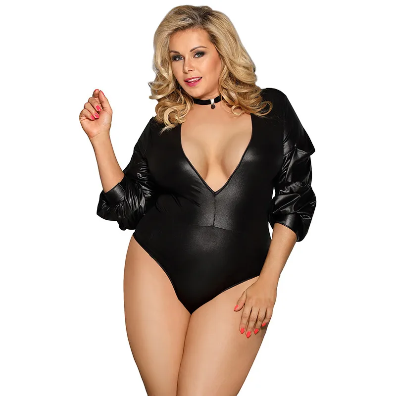 Leather Bodysuit Ohyeahlover боди с длинным рукавом черный кожаный комбинезон женский сексуальный глубокий v-образный вырез комбишорт Femme Bubble рукав боди костюм RM80605 - Цвет: Leather Bodysuit