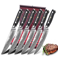 2019 new sunnecko damascus non serrated steak knife japanese vg10 steel blade cooking tool 6pcs kitchen knives set with gift box