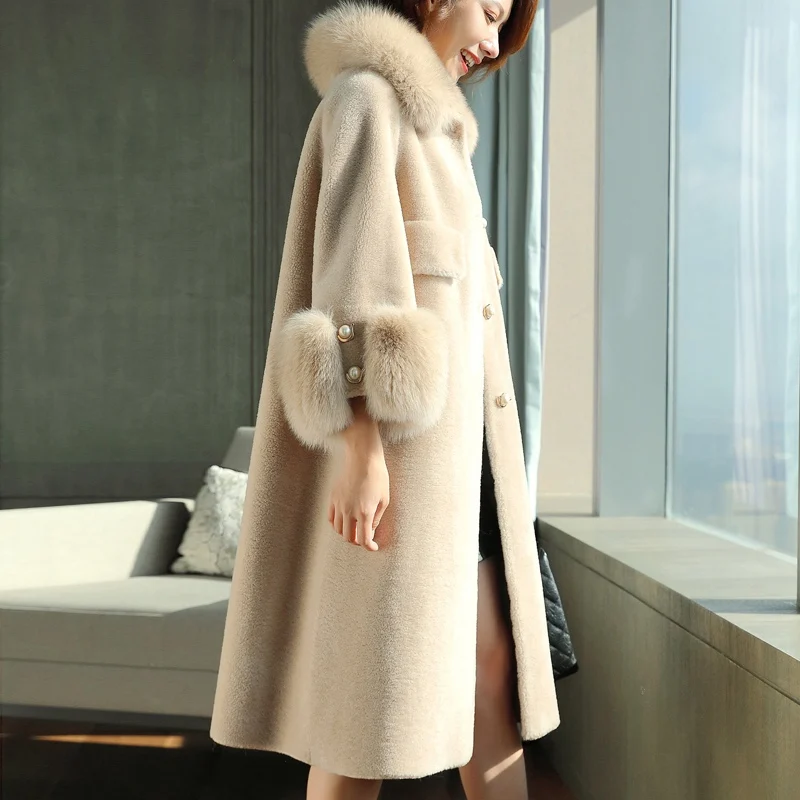 light khaki Новое поступление, женская шуба из стриженой овцы, воротник из лисьего меха, манжеты из натурального овечьего меха, длинная верхняя одежда, теплые толстые женские пальто - Цвет: light khaki