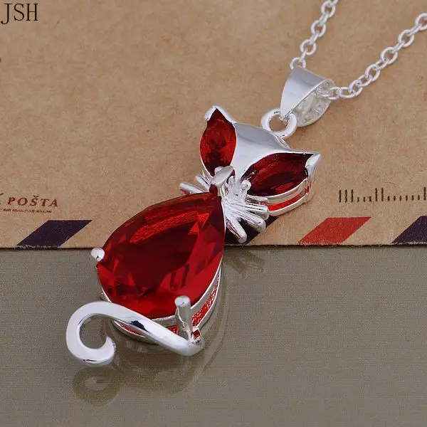 For women lady silver color fashion CZ STONE wedding elegant kitten red blue crystal necklace charms Best Gift cute AN757 | Украшения и
