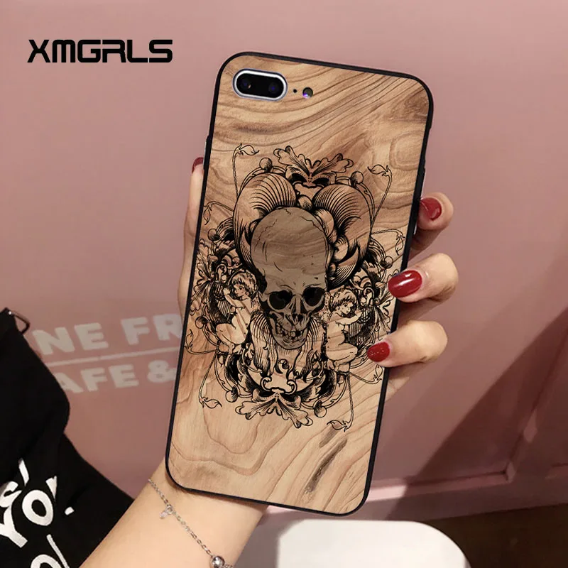 Xmgrls имитация дерева зерна череп для iPhone 7 случае узор Нескользящая PC матовый
