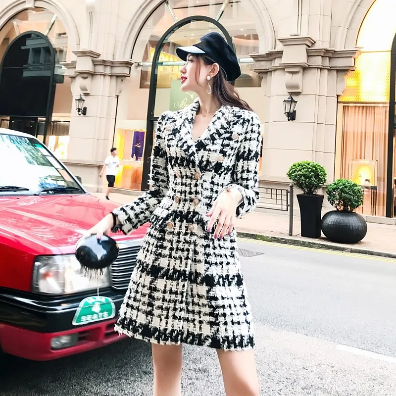 Модное длинное шерстяное пальто в черно-белую клетку для женщин 2 зимние твидовые