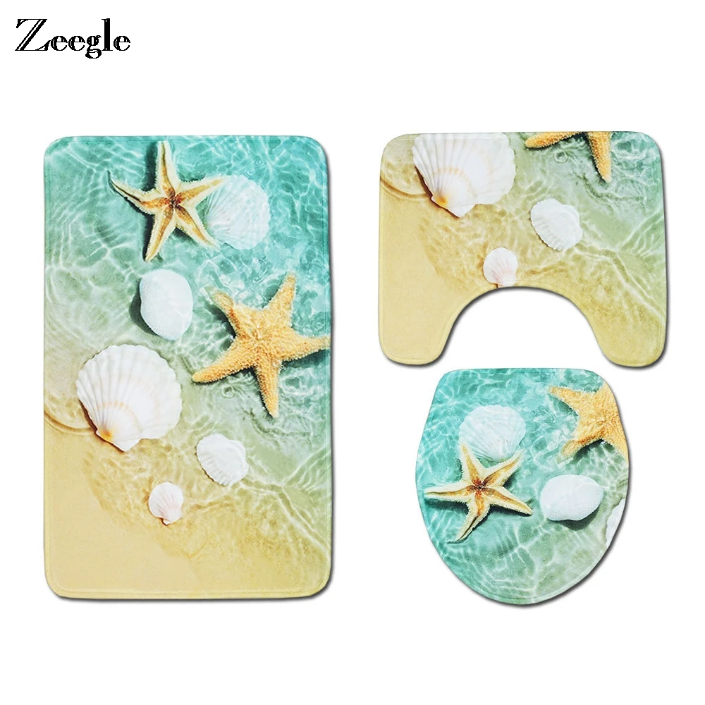 

Zeegle Bath Mat 3pcs Bathroom Carpet Set Beach Printed Toilet Rug Bathroom Floor Mats Non-slip Shower Mats Bathroom Rugs Doormat