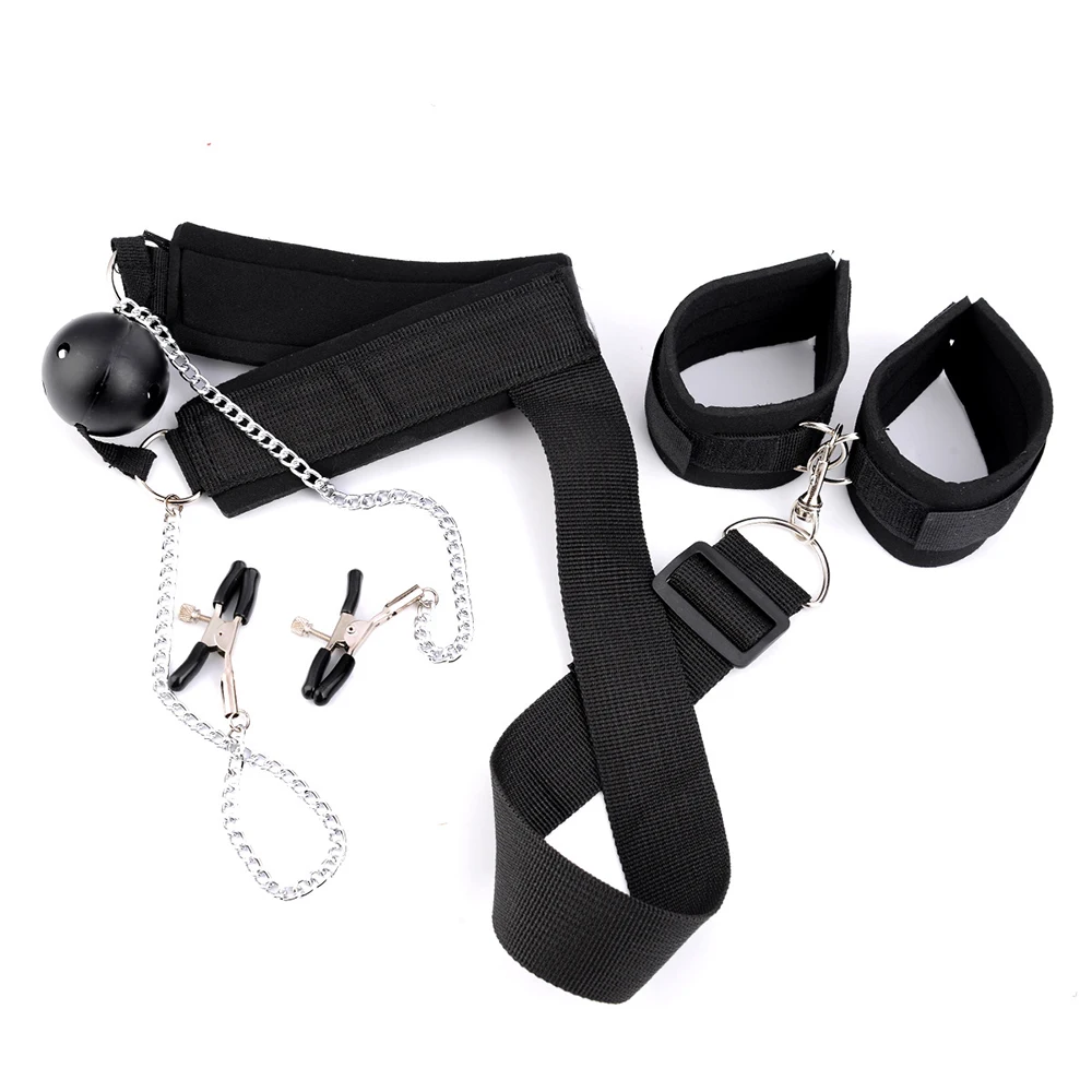 Маска для рта с черным мячом, наполненным поролоном, из искусственной кожи, с ниппельными зажимами, воротником для раба, BDSM-игра взрослых, секс-игрушки для женщин.