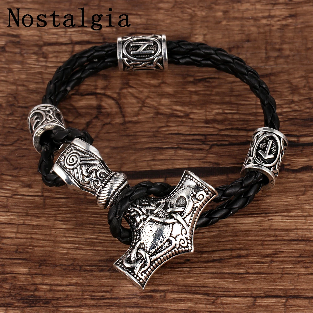 Ностальгия Thor Hammer Mjolnir бисер с рунами Viking браслет Norse Vikingos аксессуары