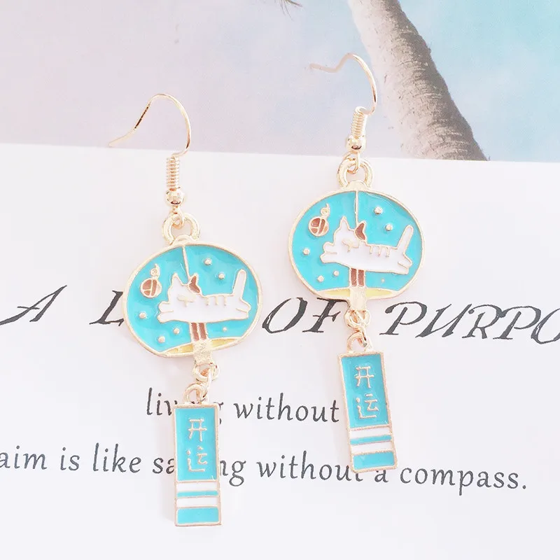 earrings-blue Японский стиль колокольчик сплав висячие серьги милый кролик Кошка Лебедь Кулон Серьги год богатство благословение женские трендовые ювелирные изделия - Окраска металла: earrings-blue