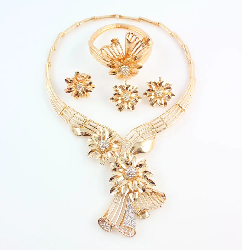 Модные Ювелирные наборы золотистого цвета в форме цветка хрустальное ожерелье