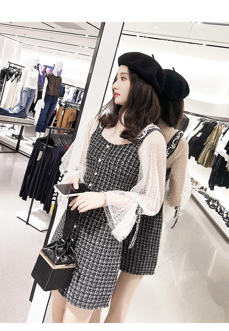 Two Pieces Set Mesh Tops Spaghetti Strap Dress Sexy Lantern Sleeve Mini Vest Dresses Ladies Fashion Elegant Party Dress New