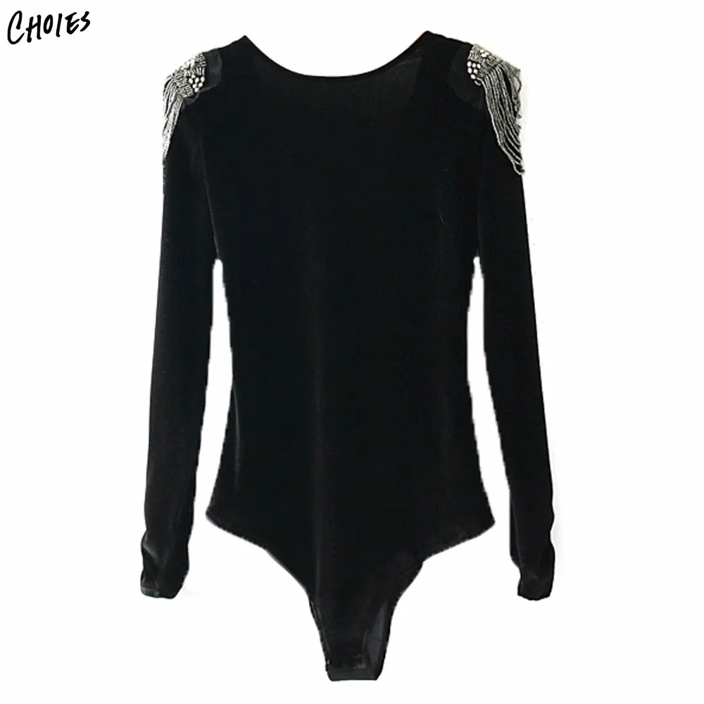 Сплошной черный украшенный бисером бархатный боди с длинным рукавом для женщин