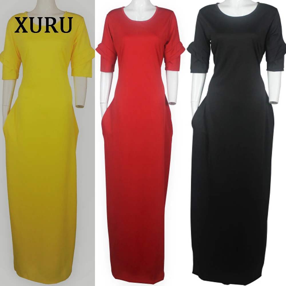 XURU, осеннее платье-карандаш, черное, желтое, красное, с коротким рукавом, облегающее, с карманами, длинное платье, элегантное, женское, повседневное, вечернее платье