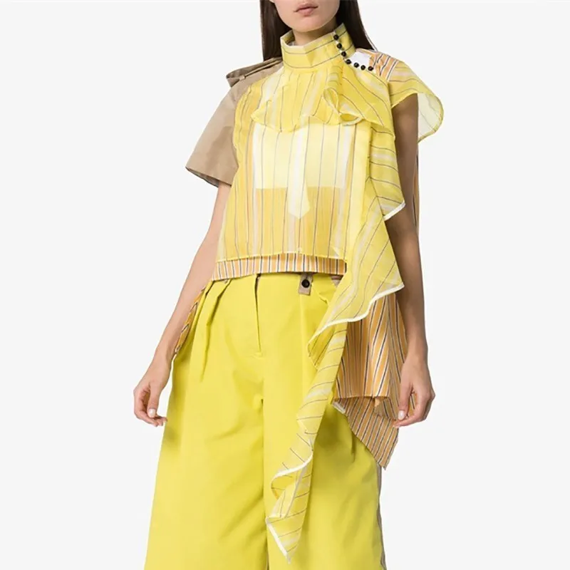 Женская блузка в полоску CHICEVER повседневная Асимметричная Свободная с оборками и