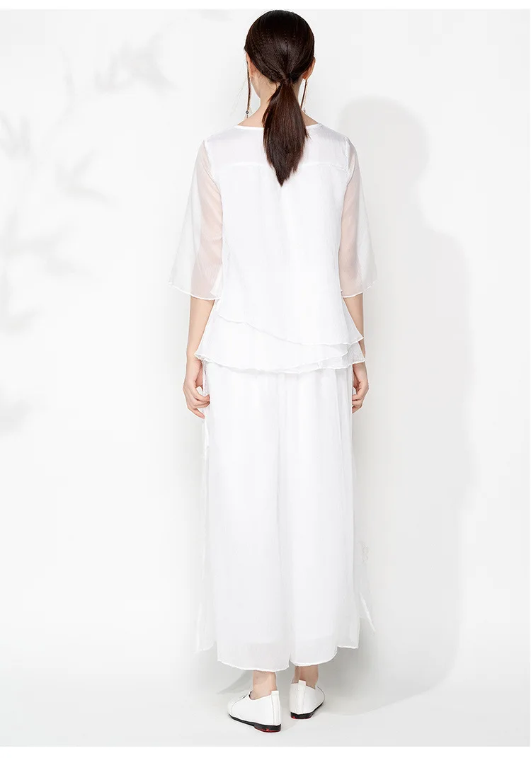 Vintage Floral Embroidery Multi-layer Wide Leg Pants Women Loose Chiffon Skirt Trousers 4 Color plus size Slacks pantalones