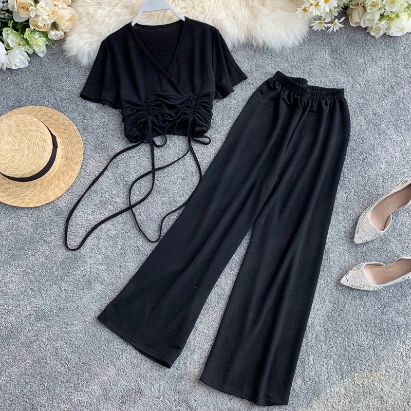 2019 Новый Модный женский комплект из двух предметов короткая футболка с v-образным