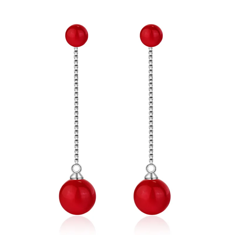 

Sweet Red Pearl 925 Sterling Silver Ladies Long Tassel Stud Earrings Original Jewelry For Women Anti Allergy Gift Girls