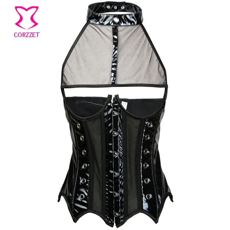 Женские кожаные Холтер грудью сетки корсет с бретели для нижнего белья пикантные
