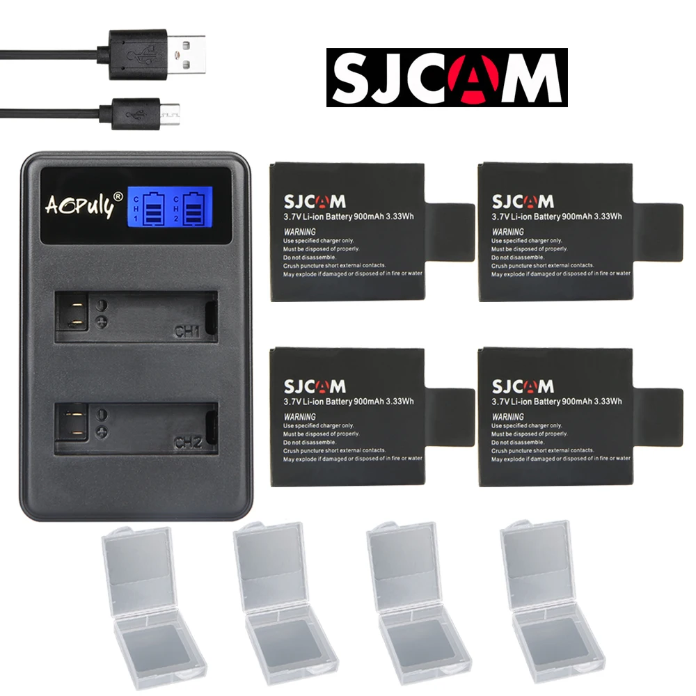 AOPULY 4pc SJCAM sj4000 battery + USB LCD Dual charger bateria sj7000 sj5000 sj6000 sj8000 SJ M10 for camera | Электроника