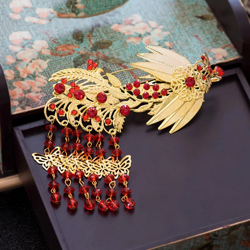 Свадебные кисточки гребень для волос Винтаж Павлин Desogns Свадебные Cheongsam аксессуары для волос в китайском стиле красные украшения