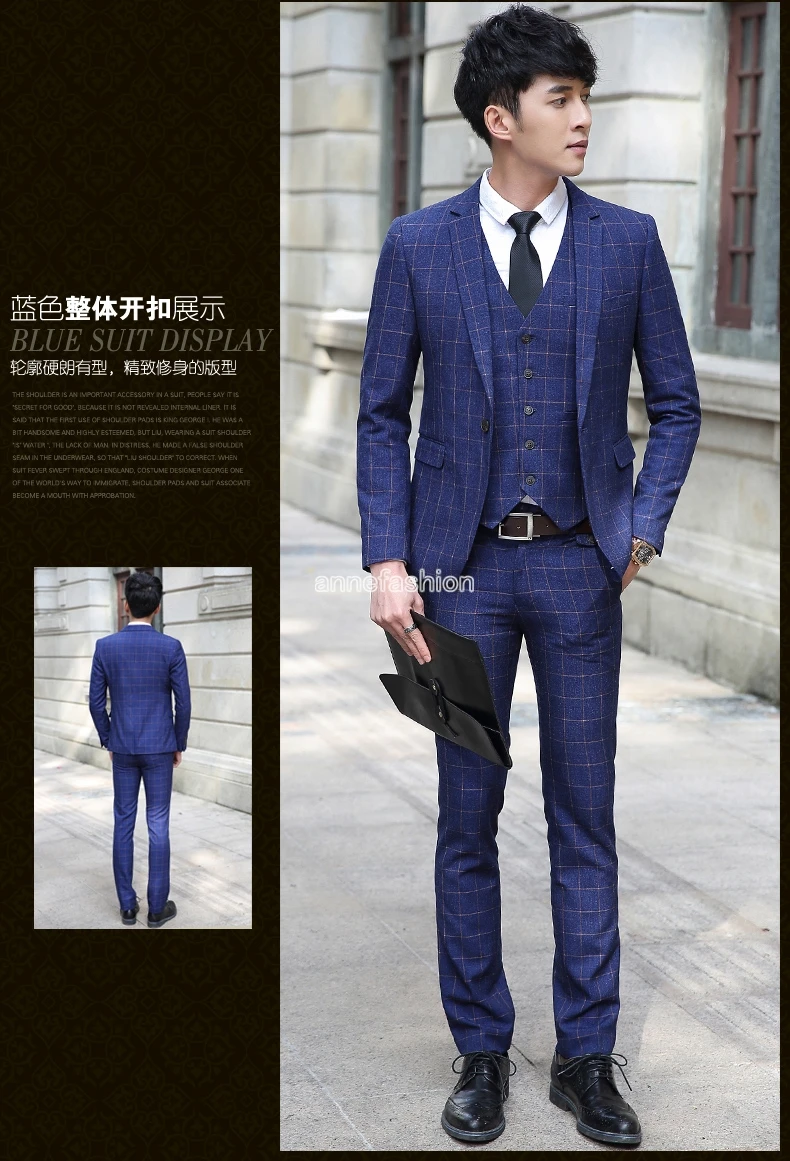 Custom Made Men windowpane check pattern a lot color Suits Retro gentleman Classic Slim Fit blue plaid casual Wedding Suit | Мужская