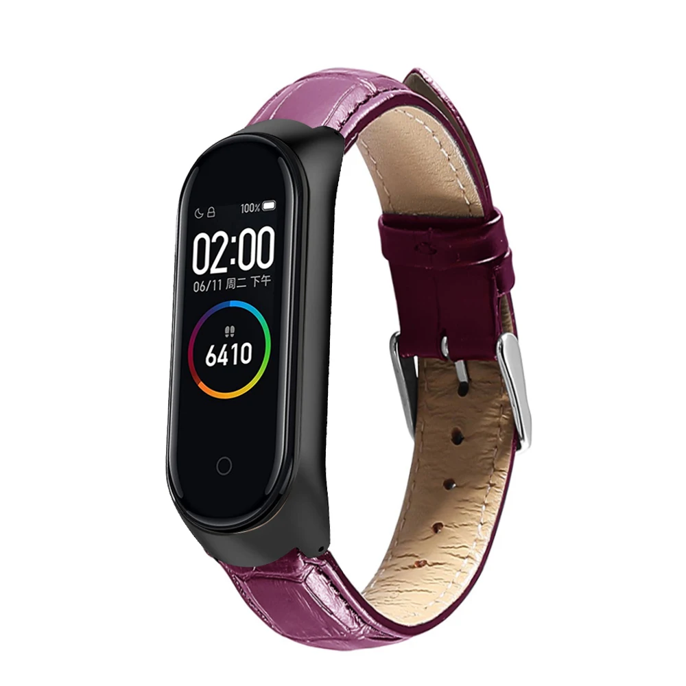 Кожаный браслет для xiaomi mi Band 3 4 для xiaomi mi Band 4 Ремешок Браслет mi band 4 браслеты Pulseira для xiaomi mi band 3 4 - Цвет: Purple-Black