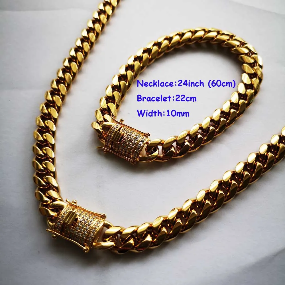 N 24 inch B 22cm 10 мм из нержавеющей стали, роскошные Pave CZ, Майами, кубинская сеть, ювелирный набор, хип-хоп, для мужчин, Снаряженная микро горный хрусталь, застежка, ожерелье, браслеты - Окраска металла: N 24 inch B 22cm