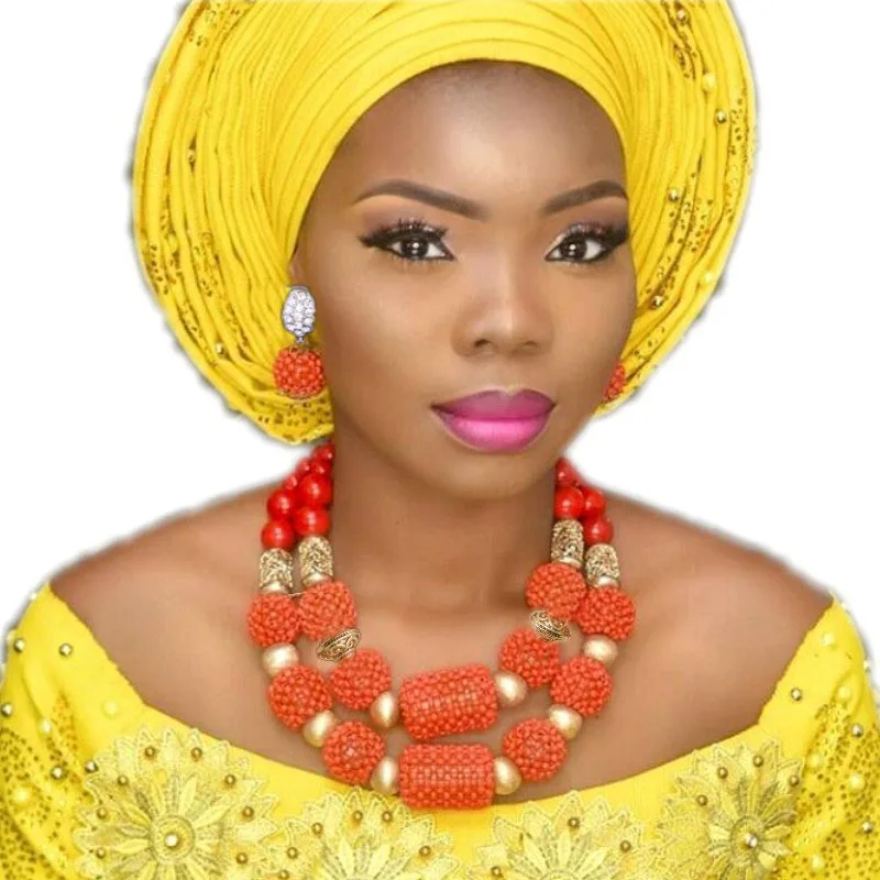 Нигерийские бусы наборы для женщин Оранжевый и золотой костюм из шаров