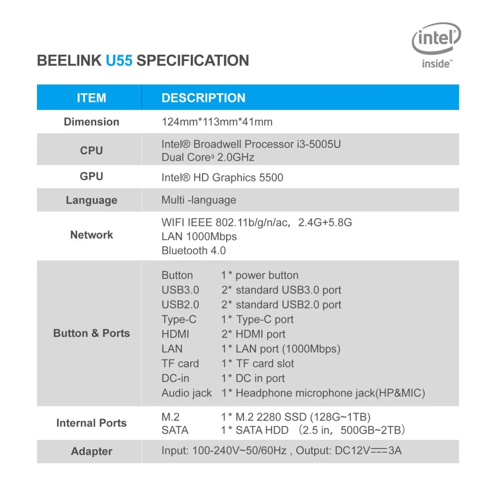 Beelink U55 Мини ПК Intel Core i3-5005U четырехъядерный процессор HD Graphic 5500 8 Гб RAM 2 4G/5 8G WiFi 1000