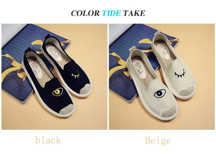 summer ladies flat shoes embroidered eye pattern women's espadrilles rubber soles with linen toe casual fashion loafers