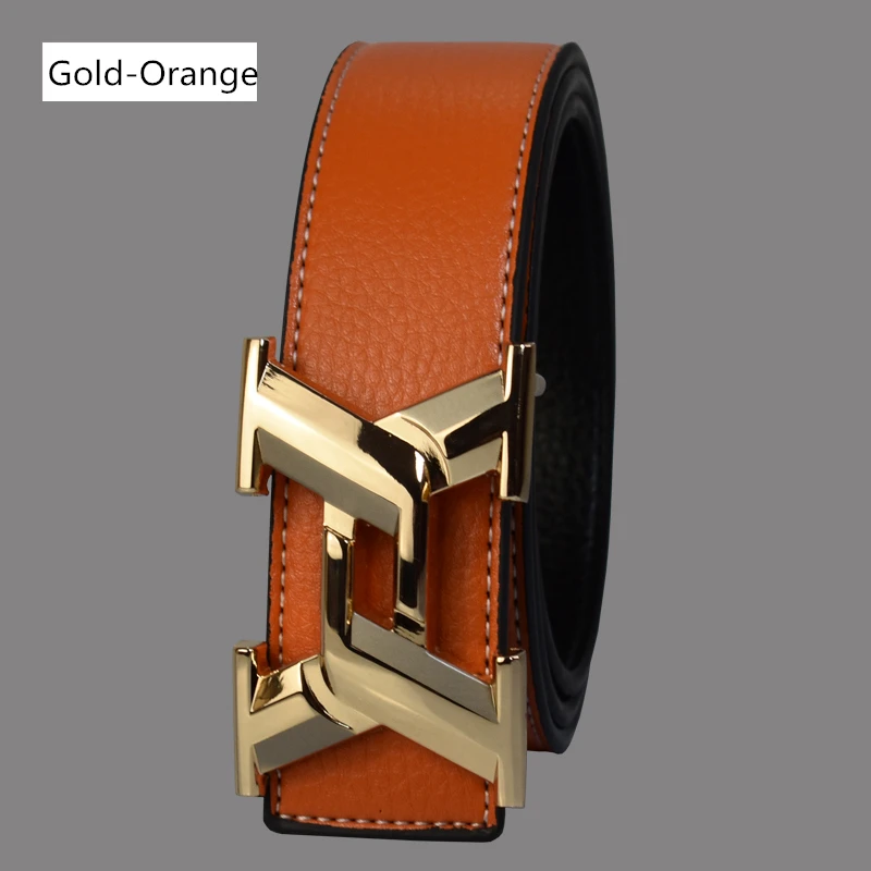Gold Orange Luxury Belts for Men Fashion Business Casual High Quality Smooth Buckle Designer Male Leather Belts - Цвет: Gold Orange