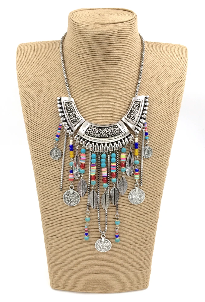 ?? ヴィ ンテ ージ チベット手作り ビーズ チェーン Necklacetassel チェーン コイン ペンダント自由奔放に生きる スタイル コリアー ファム ステートメント ネックレス夏スタイル