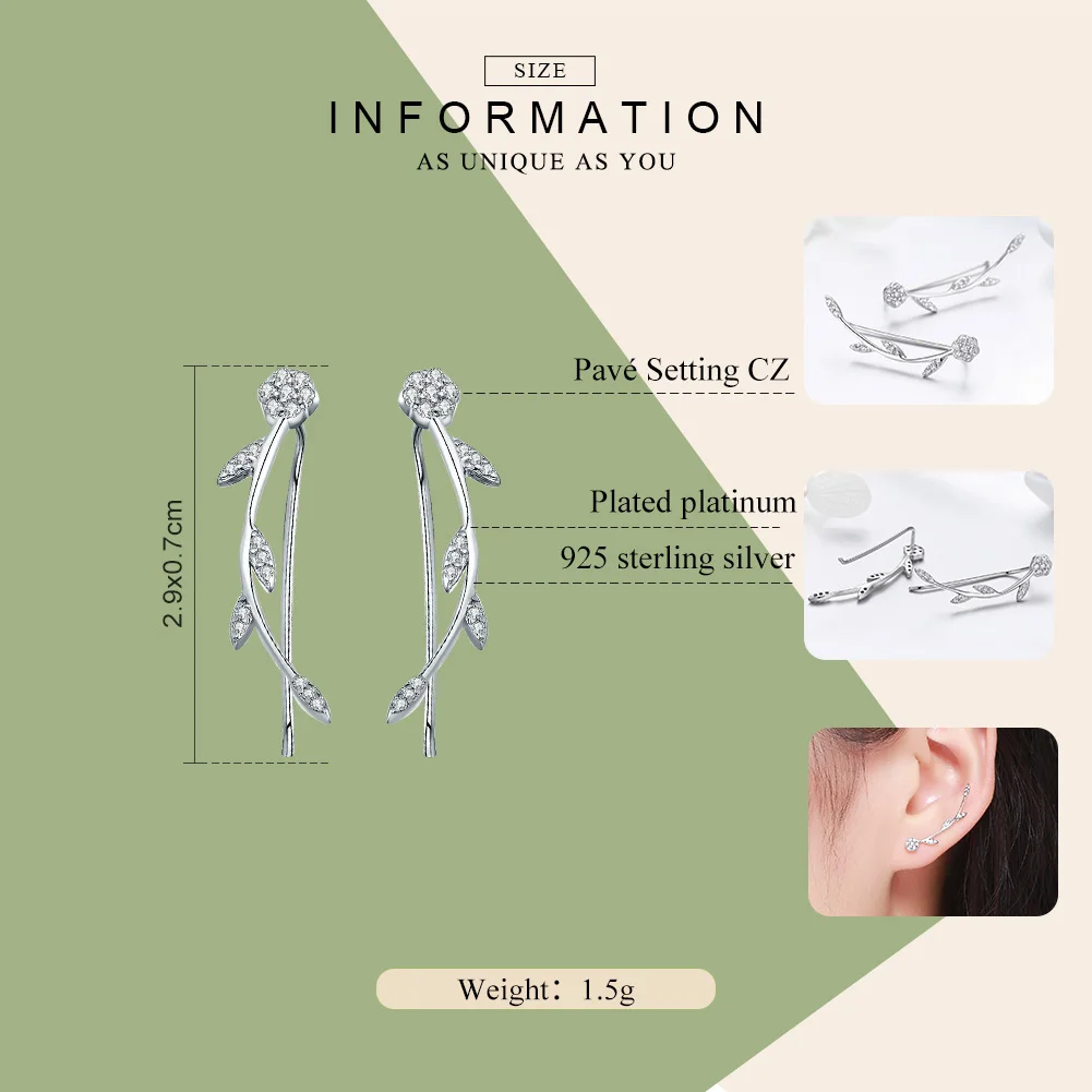 WOSTU High Quality 925 Sterling Silver Plant Shining Leaves Stud Earrings for Women Fashion Jewelry FIE266 | Украшения и