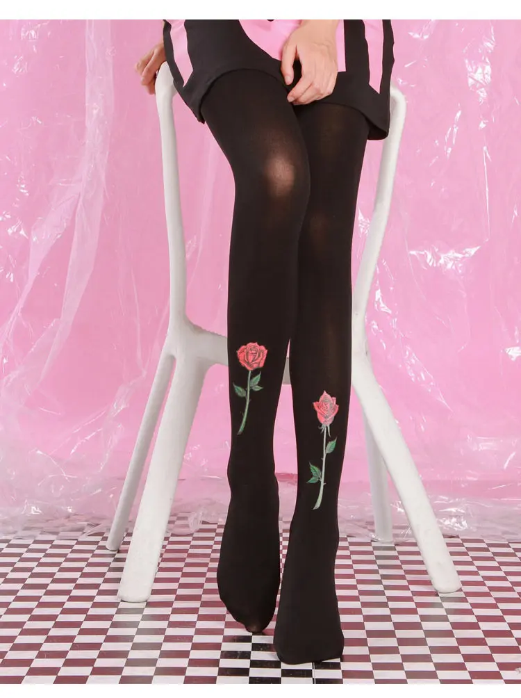 Rose Harajuku Tattoo Print Pantyhose Vintage Black Autumn | Женская одежда