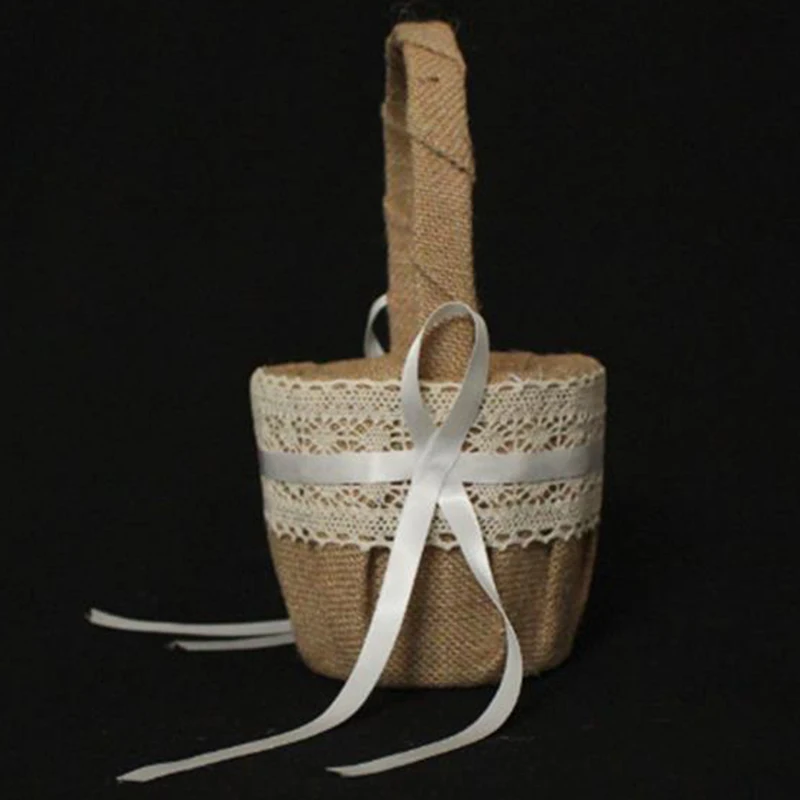 

Women Wedding Flower Basket Rustic Lace Purfle Knot Bridal Basket Girl'S Floral Basket Wedding Basket For Party Decor