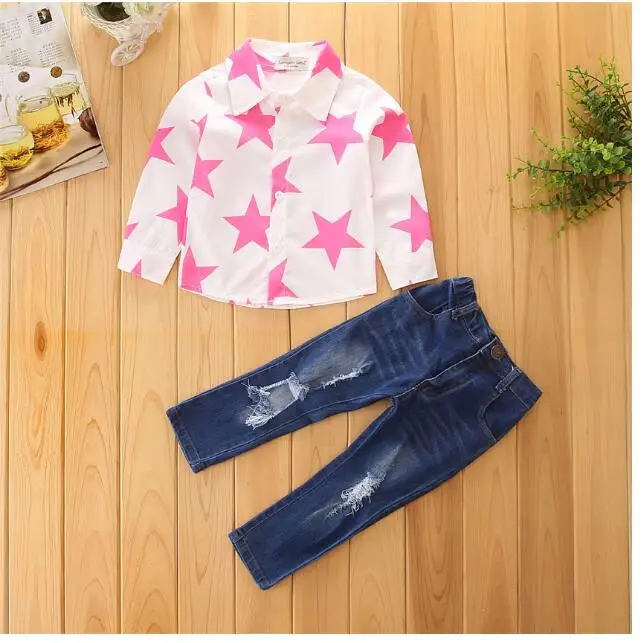 Girl's Fashion suits 2017 Autumn Stars shirts+Hole Jeans Pants Outfits Preppy Style Kids Suit 2PCS Sets CHildren's Clothing | Детская