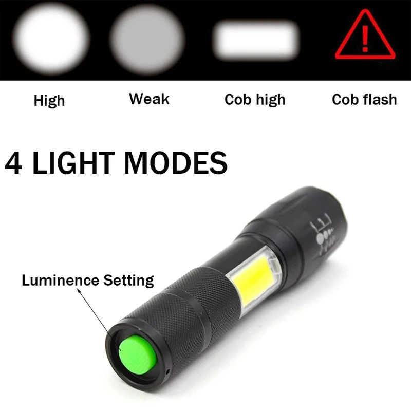 LED Flashlight Side COB Lamp Design T6 8000 Lumens Zoomable Torch 4 Light Modes by 18650 Battery | Flashlights &amp Torches