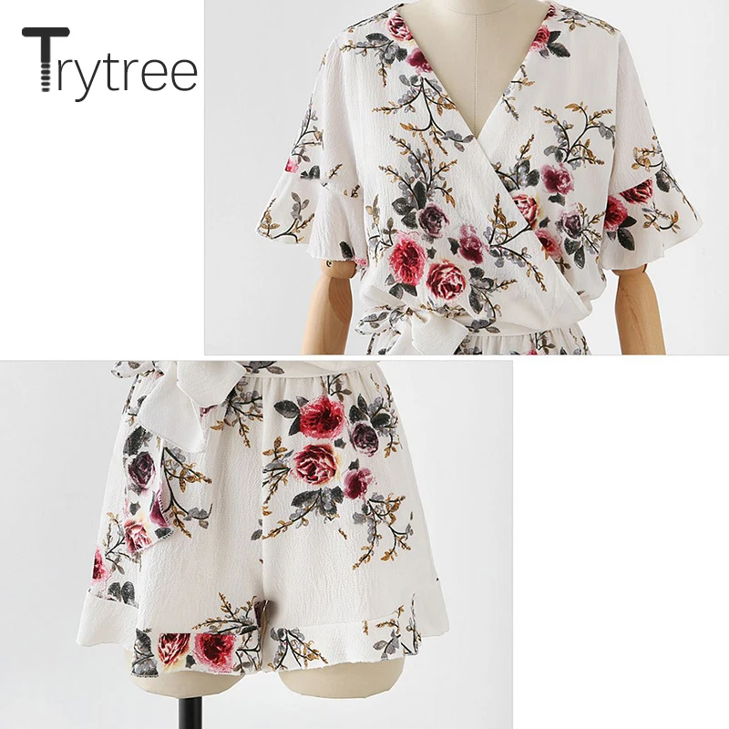 Trytree/осенне-летний повседневный комбинезон с цветочным принтом и поясом, женские костюмы с v-образным вырезом и расклешенными рукавами, выше колена, стильные комбинезоны для отдыха