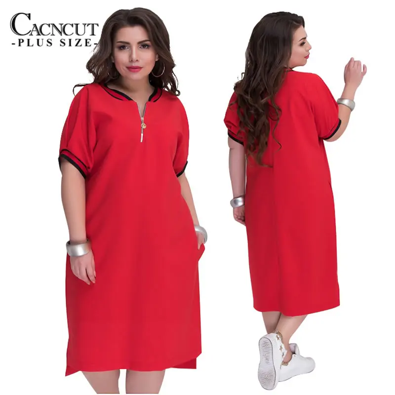 CACNCUT 5XL 6XL плюс размер прямые платья женские с круглым вырезом на молнии Большие размеры Летние повседневные свободные однотонные платья красные Vestidos